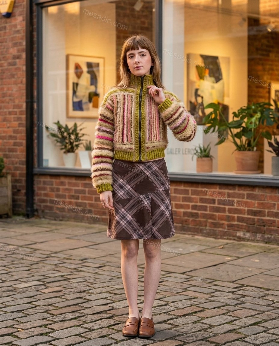 Olive Green Striped Knit Crochet Cardigan, three-quarter brand lifestyle view, by mesadic.com
