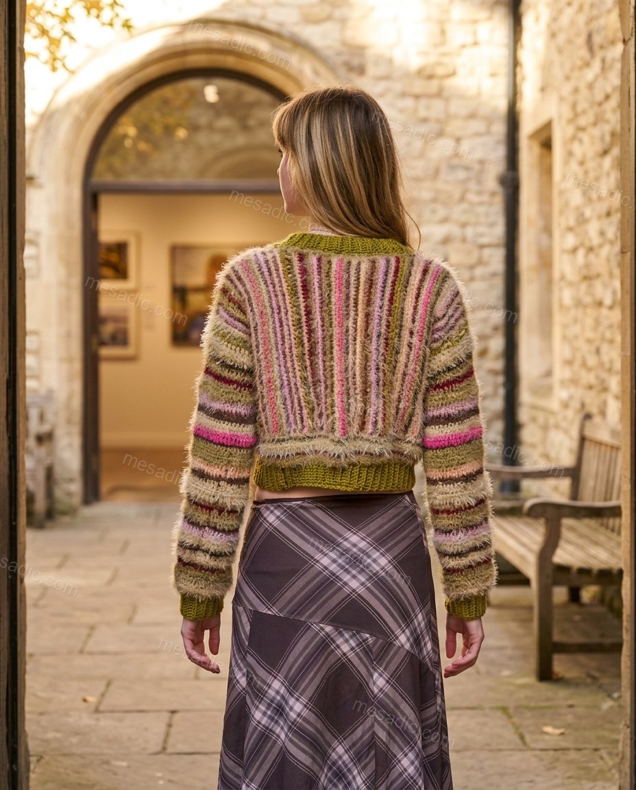 Olive Green Striped Knit Crochet Cardigan, alternate use-case lifestyle view, by mesadic.com