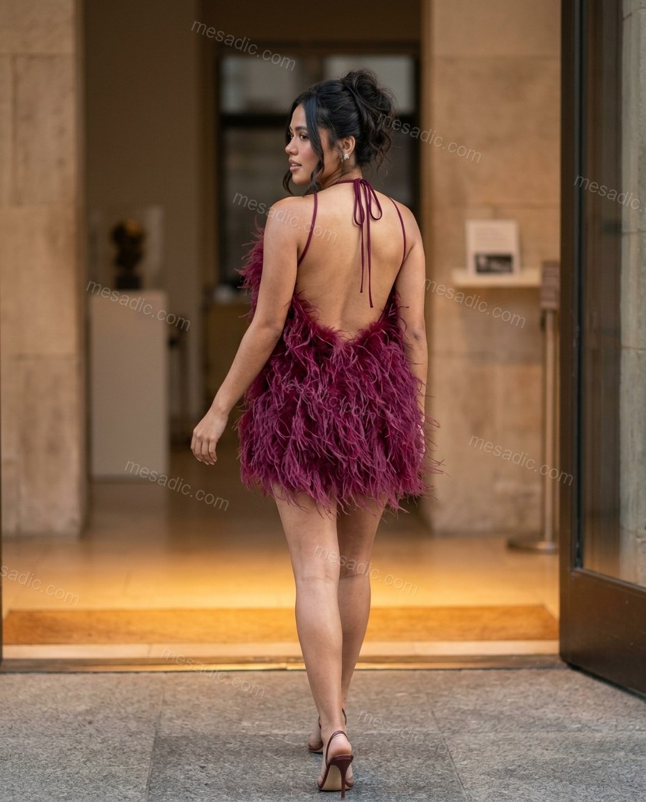 Burgundy Mini Open-Back Halter Dress, movement and fit lifestyle view, by mesadic.com