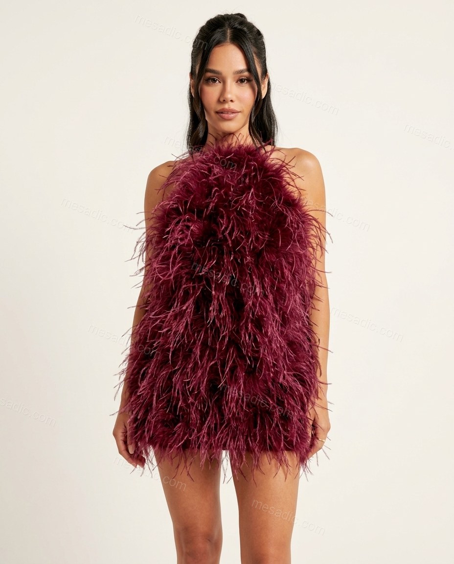 Burgundy Mini Open-Back Halter Dress, front studio view, by mesadic.com