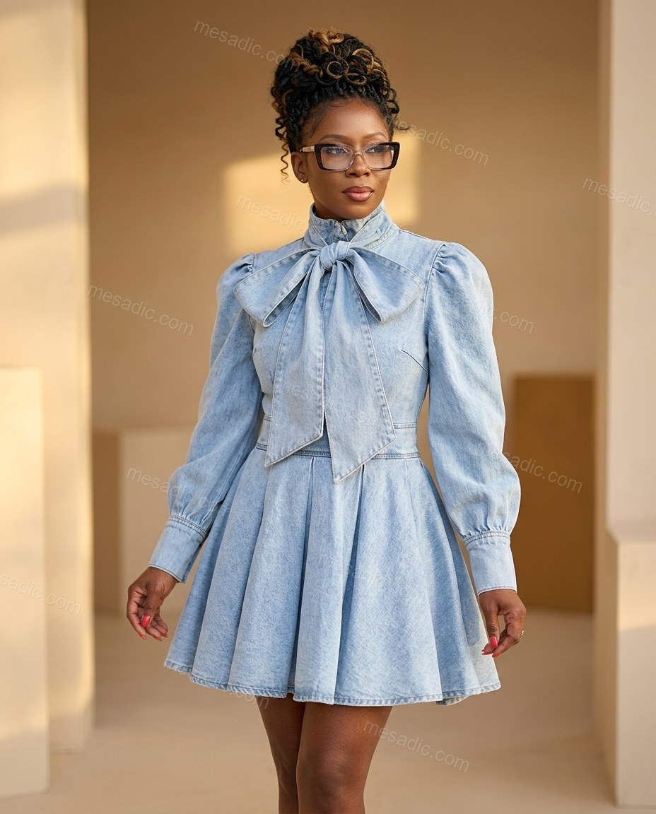 Light Blue Mini Tie-Neck Pleated Dress, full-length hero view, by mesadic.com