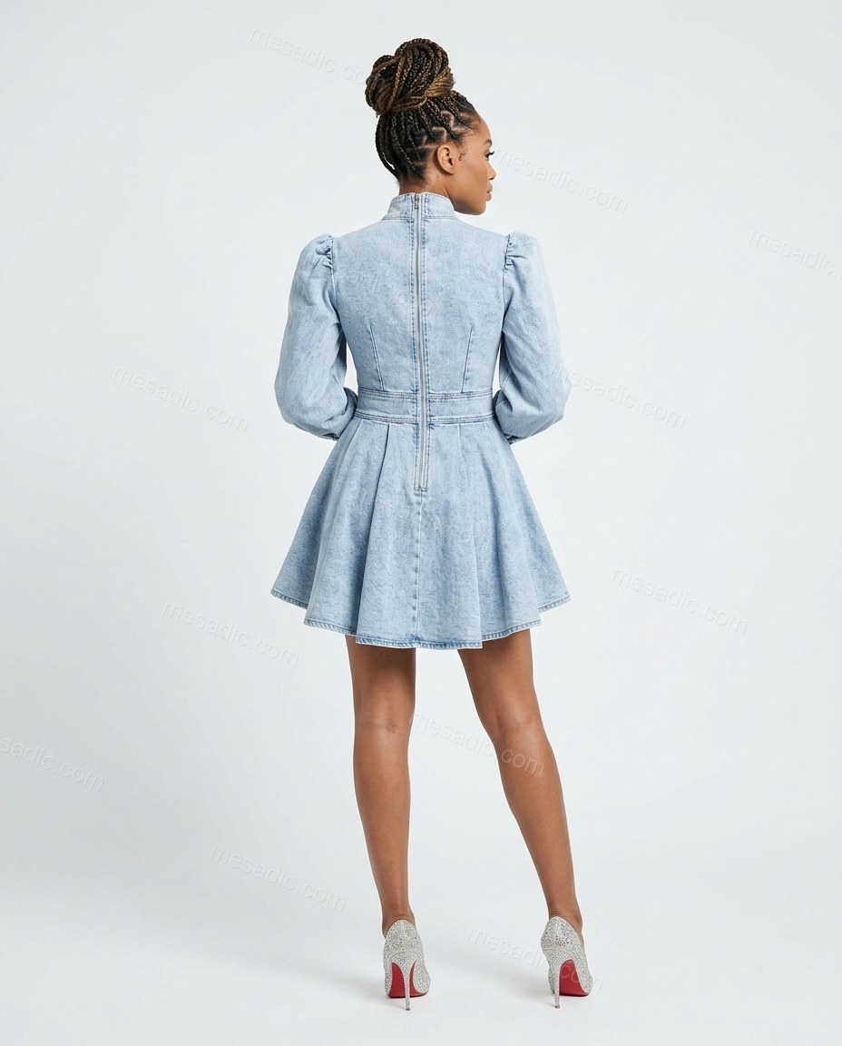 Light Blue Mini Tie-Neck Pleated Dress, back studio view, by mesadic.com