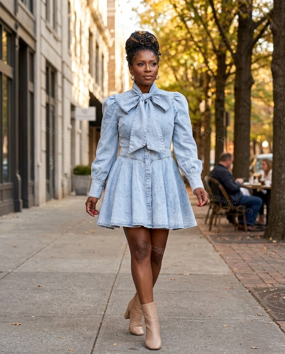 Light Blue Mini Tie-Neck Pleated Dress, three-quarter brand lifestyle view, by mesadic.com