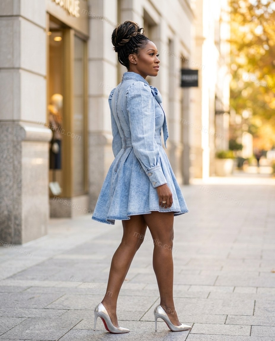 Light Blue Mini Tie-Neck Pleated Dress, movement and fit lifestyle view, by mesadic.com