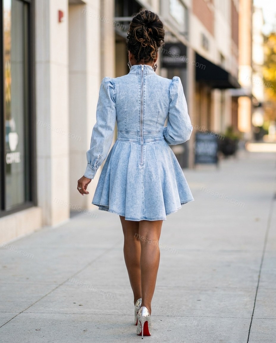 Light Blue Mini Tie-Neck Pleated Dress, alternate use-case lifestyle view, by mesadic.com