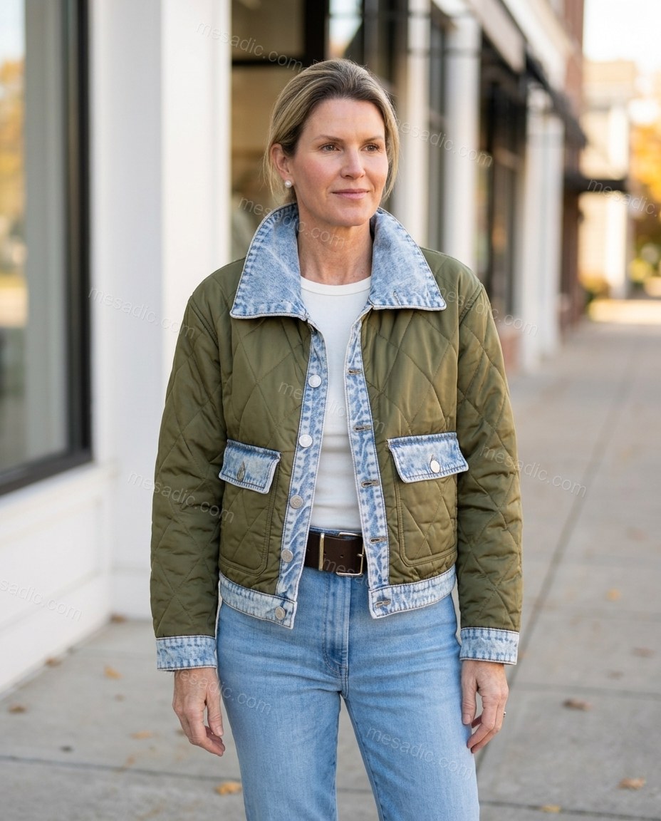 Olive Green Denim Jacket, alternate use-case lifestyle view, by mesadic.com