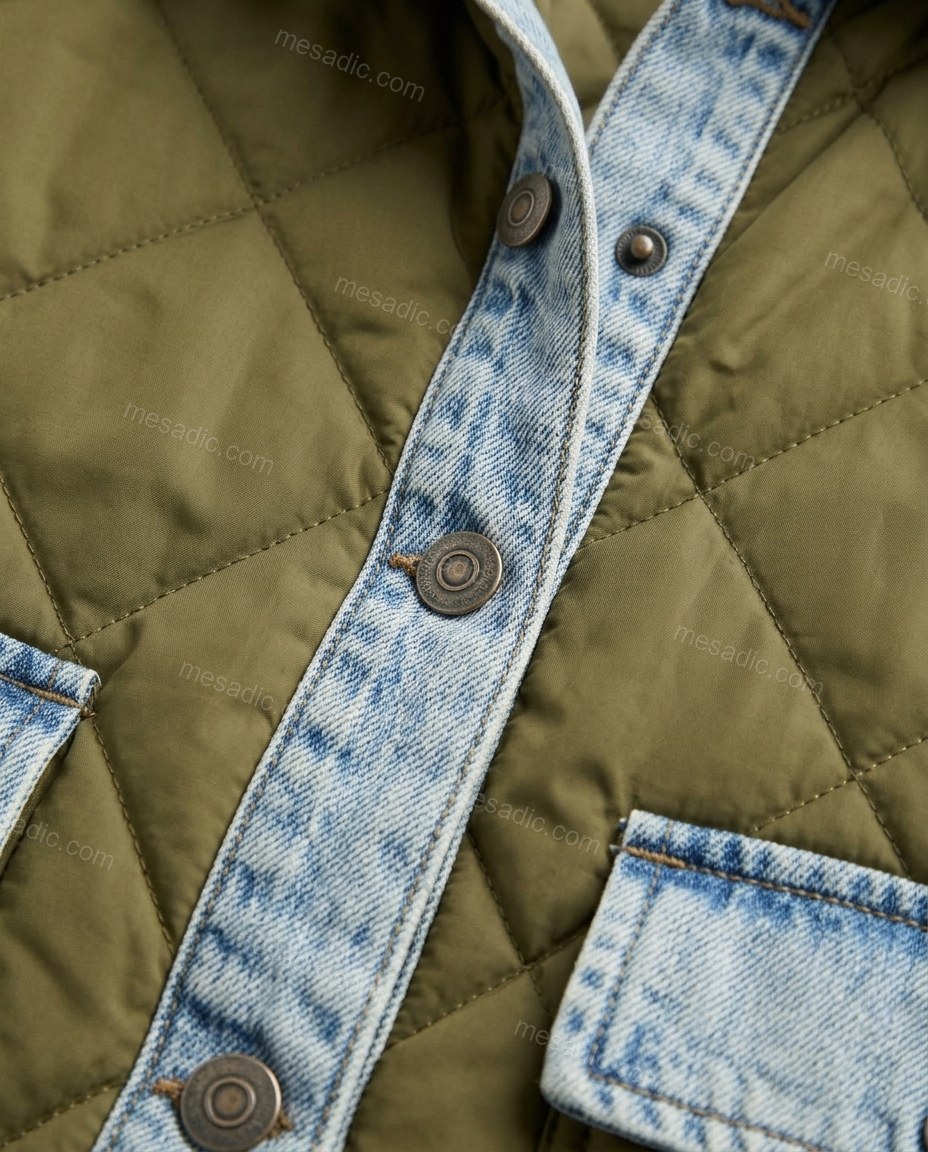 Olive Green Denim Jacket, close-up of light blue accents, button-front closure and spread collar, by mesadic.com