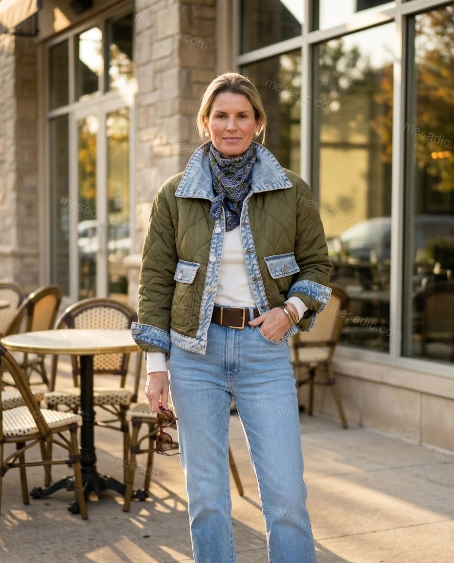 Olive Green Denim Jacket, three-quarter brand lifestyle view, by mesadic.com