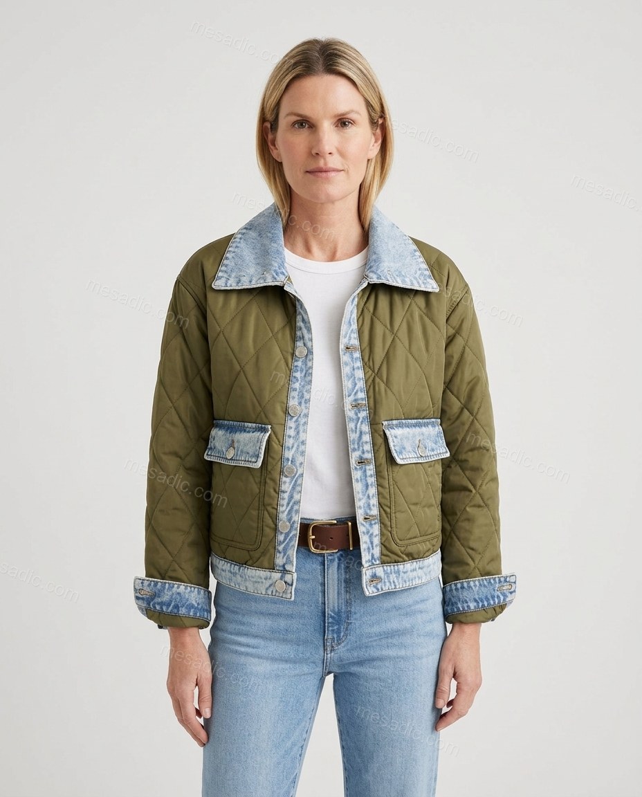 Olive Green Denim Jacket, front studio view, by mesadic.com
