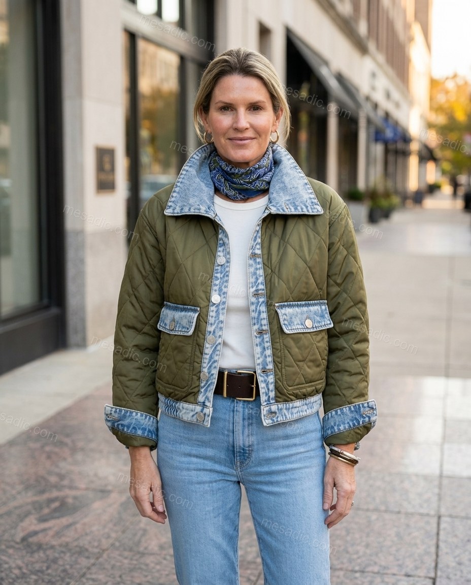 Olive Green Denim Jacket, movement and fit lifestyle view, by mesadic.com