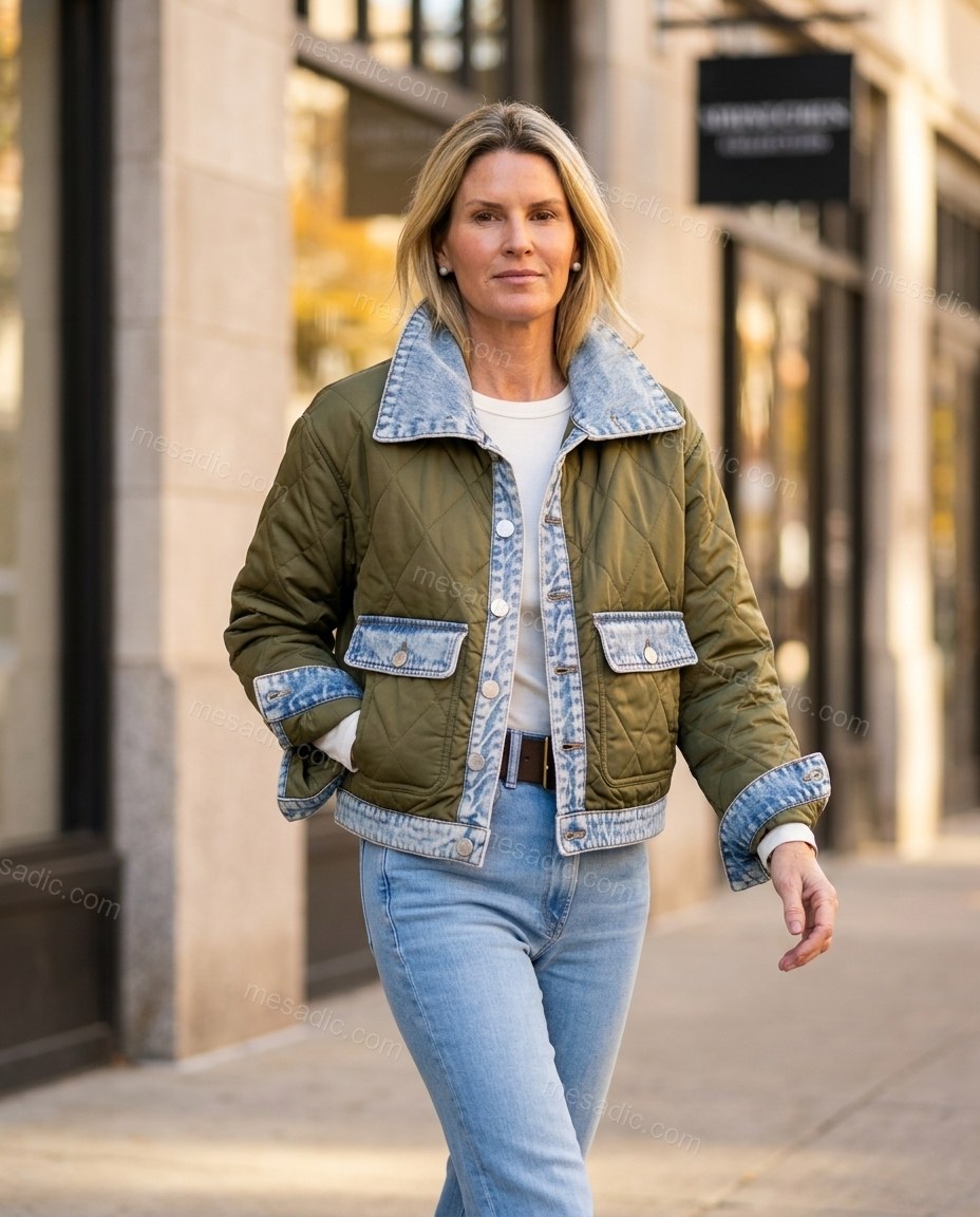 Olive Green Denim Jacket, walking lifestyle view, by mesadic.com