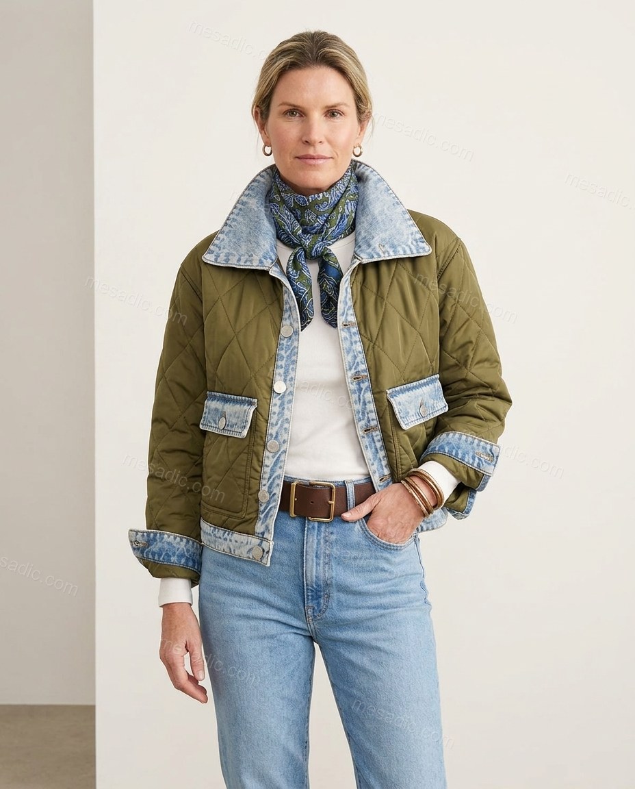 Olive Green Denim Jacket, full-length hero view, by mesadic.com