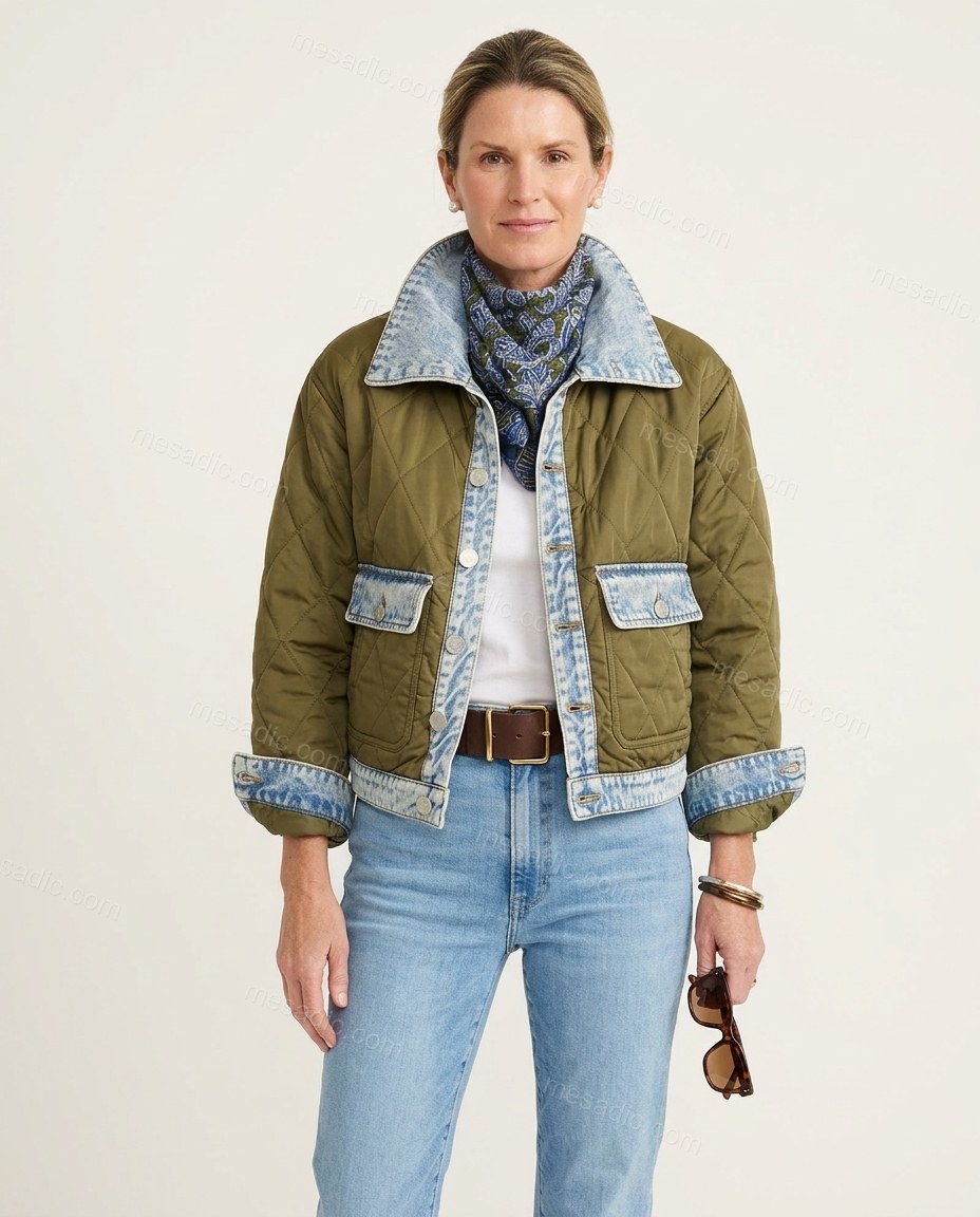 Olive Green Denim Jacket, side and back studio view showing not visible, by mesadic.com