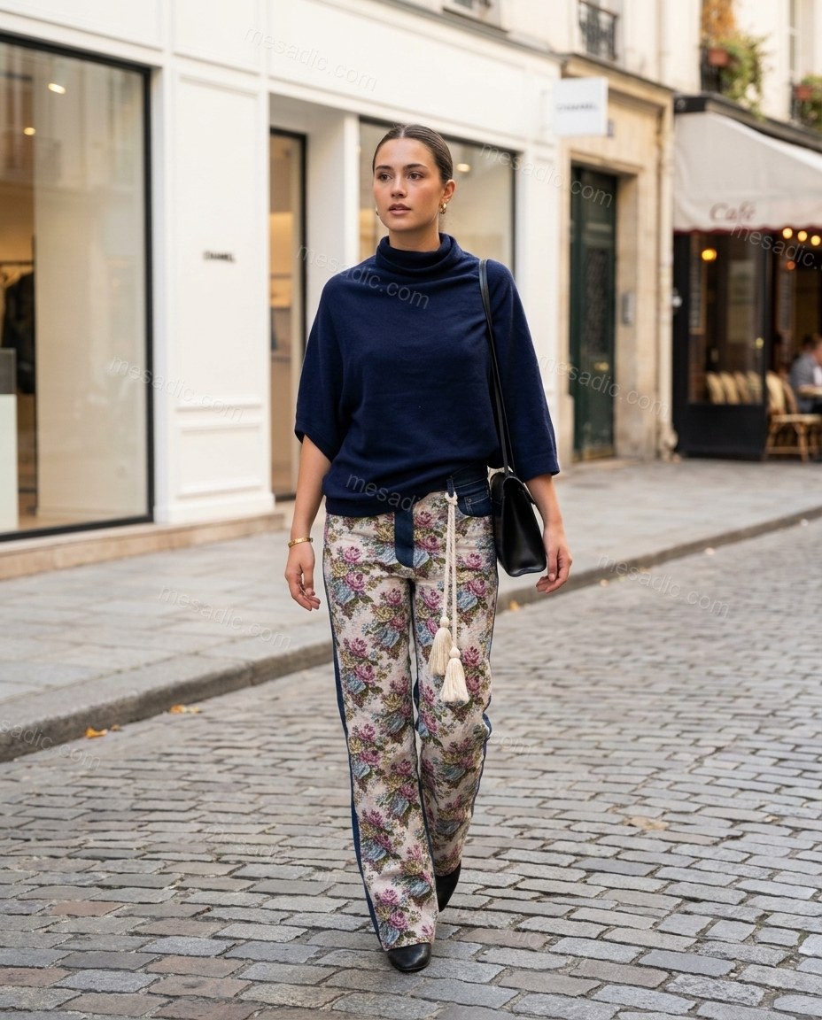 Blue Cowl-Neck Asymmetric Knit Top & Pants Set, three-quarter brand lifestyle view, by mesadic.com
