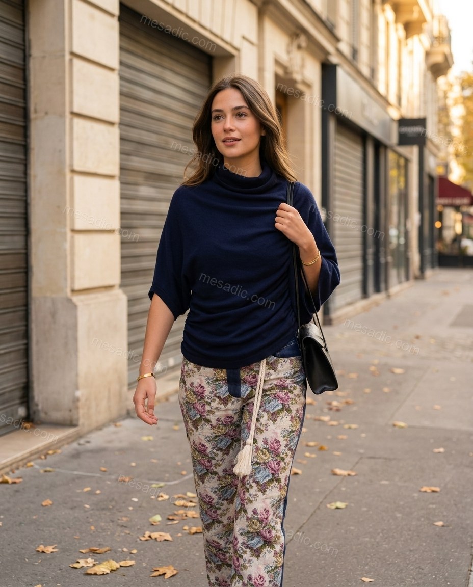 Blue Cowl-Neck Asymmetric Knit Top & Pants Set, walking lifestyle view, by mesadic.com