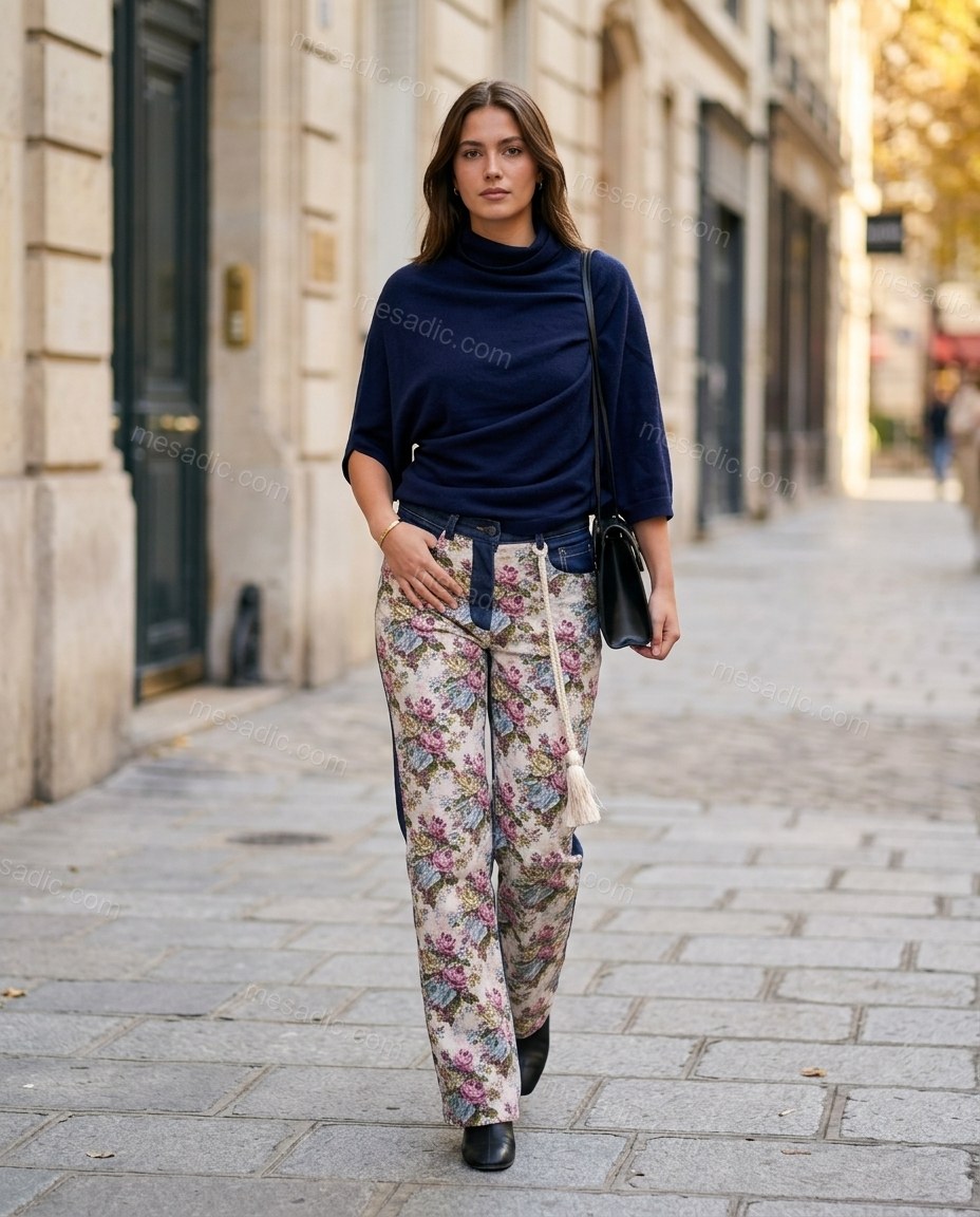 Blue Cowl-Neck Asymmetric Knit Top & Pants Set, full-length hero view, by mesadic.com