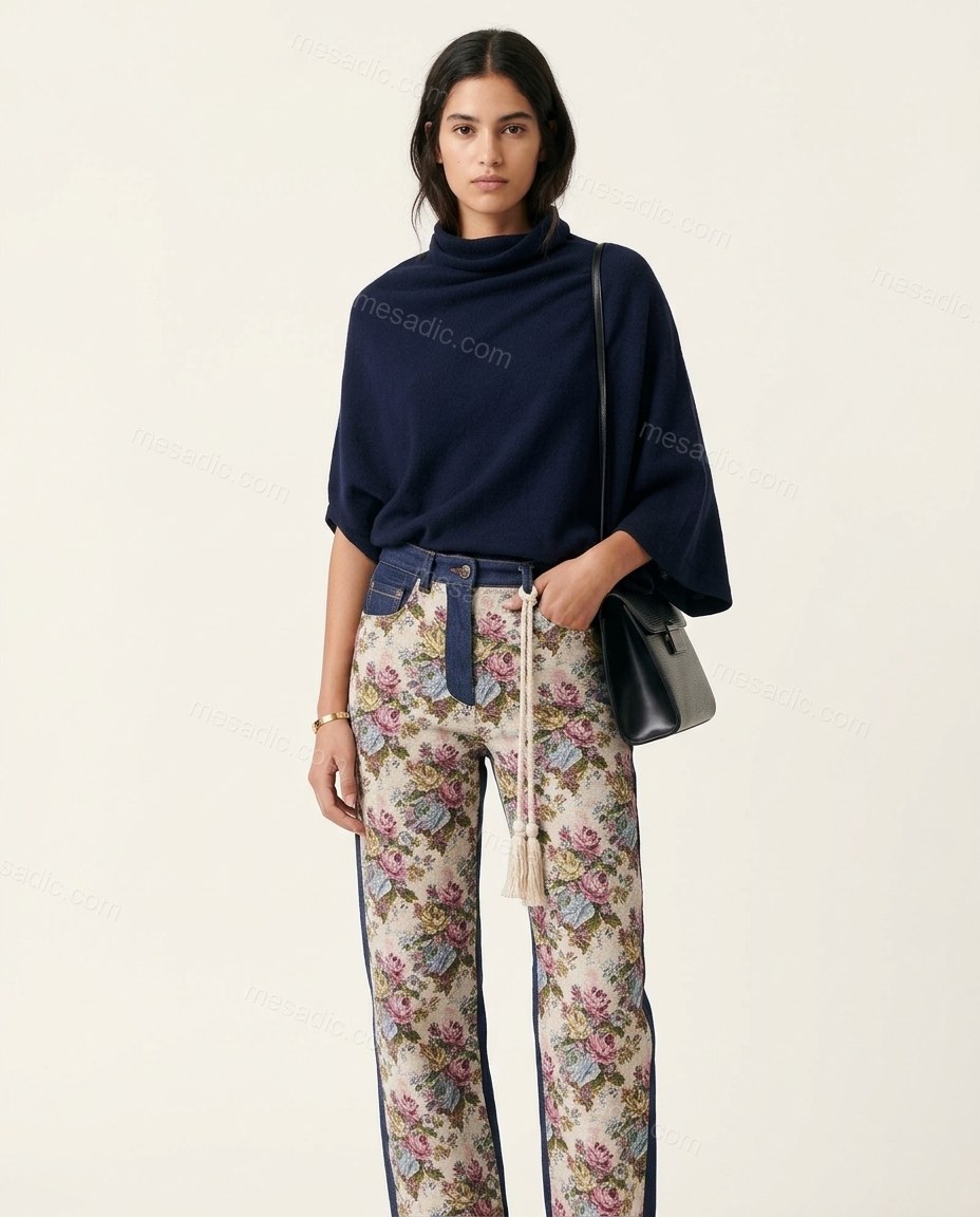 Blue Cowl-Neck Asymmetric Knit Top & Pants Set, front studio view, by mesadic.com