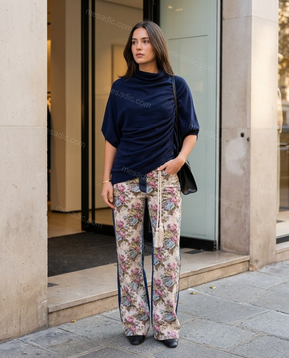 Blue Cowl-Neck Asymmetric Knit Top & Pants Set, alternate use-case lifestyle view, by mesadic.com