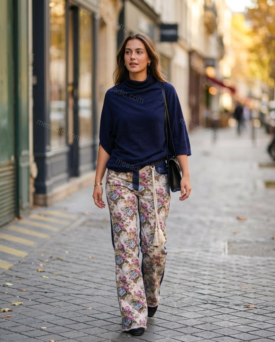 Blue Cowl-Neck Asymmetric Knit Top & Pants Set, movement and fit lifestyle view, by mesadic.com
