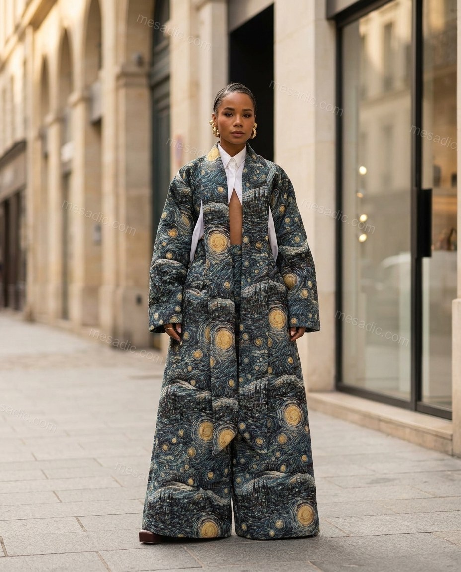 Dark Blue Abstract Coat, alternate use-case lifestyle view, by mesadic.com