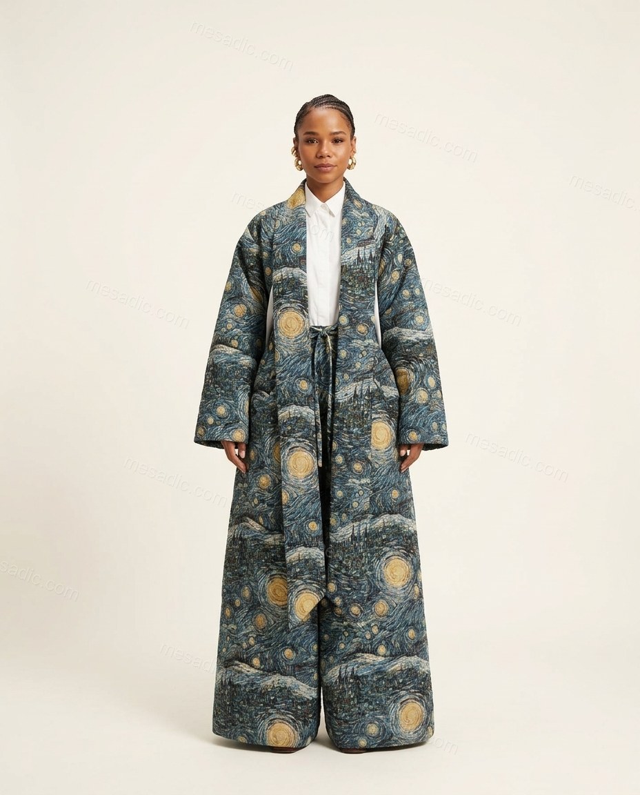 Dark Blue Abstract Coat, front studio view, by mesadic.com