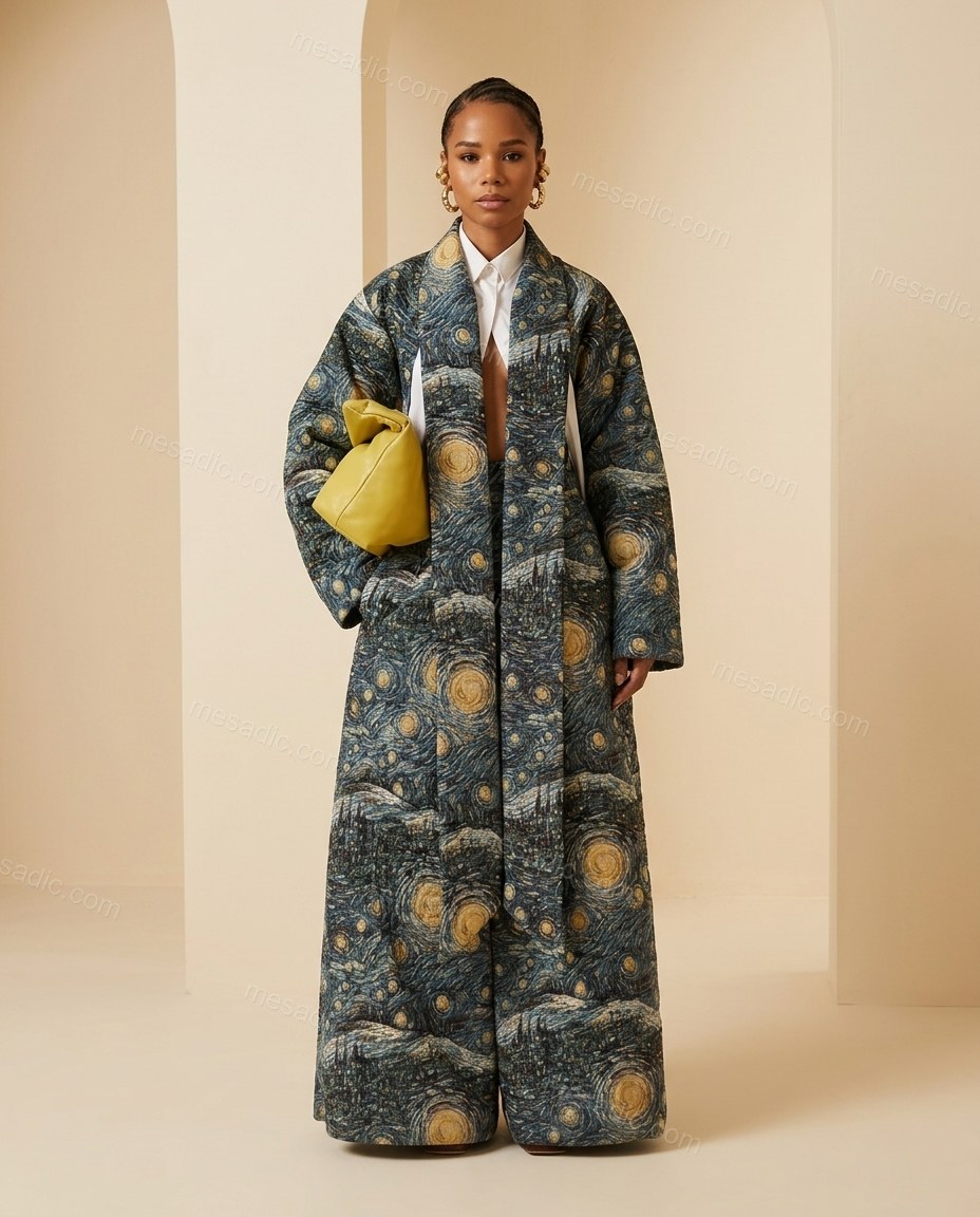 Dark Blue Abstract Coat, full-length hero view, by mesadic.com