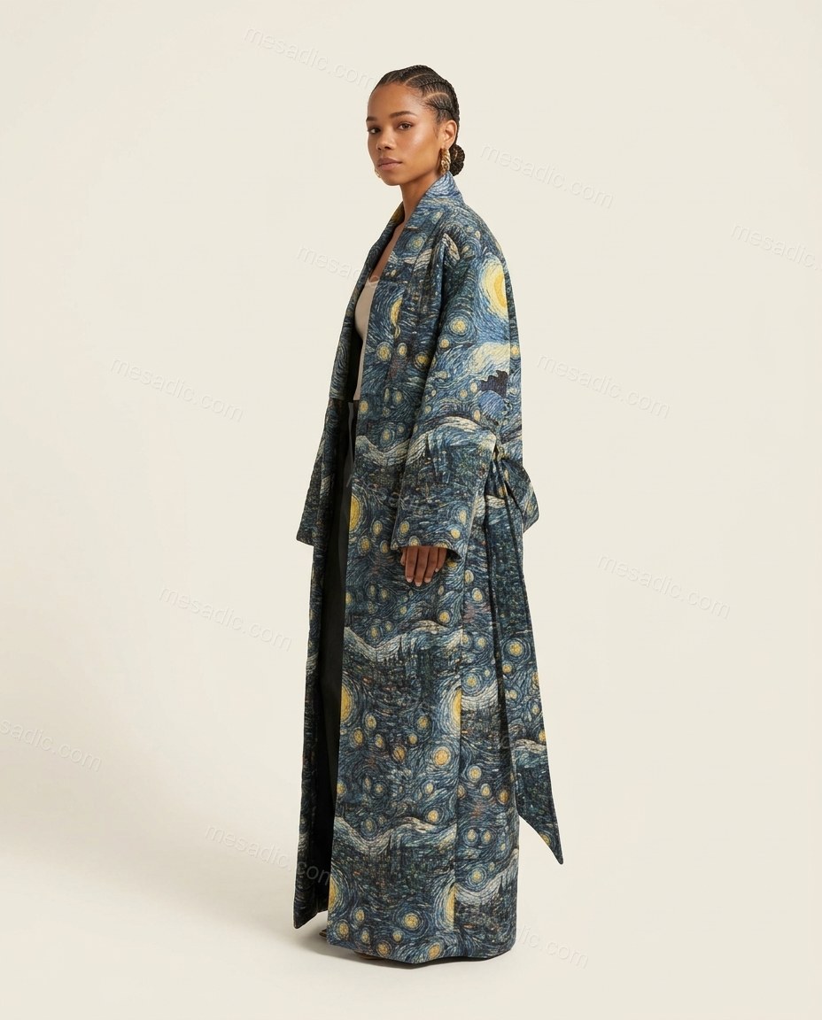 Dark Blue Abstract Coat, side and back studio view showing not visible, by mesadic.com