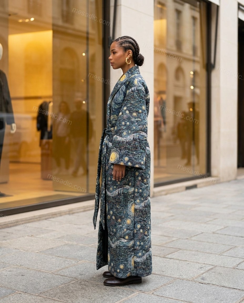 Dark Blue Abstract Coat, three-quarter brand lifestyle view, by mesadic.com