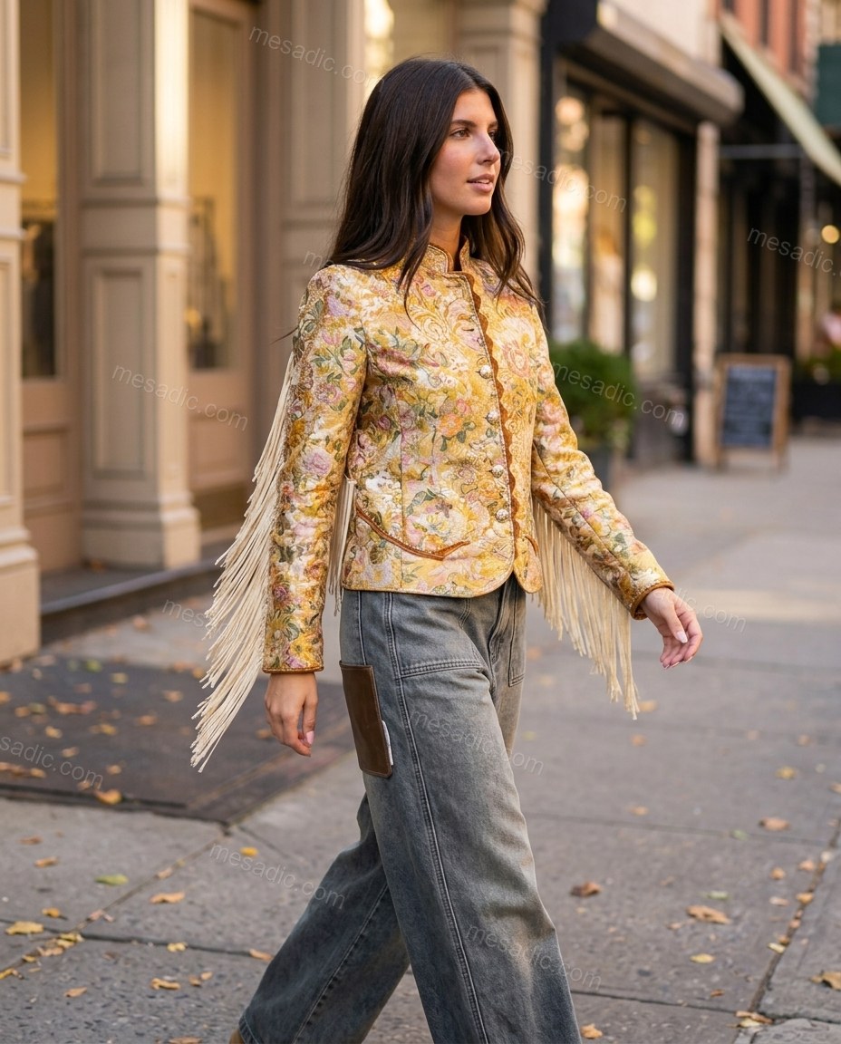 Gold Floral Fringe Jacket, walking lifestyle view, by mesadic.com