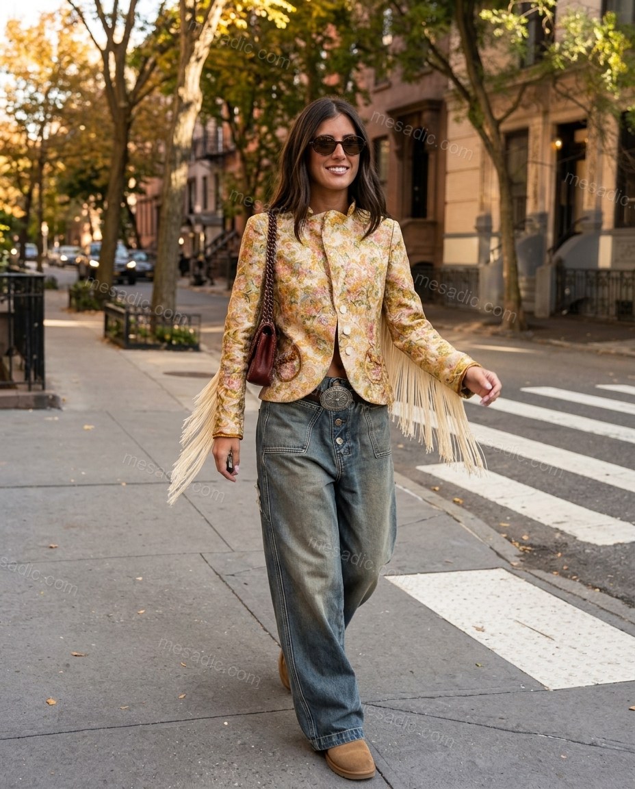 Gold Floral Fringe Jacket, full-length hero view, by mesadic.com