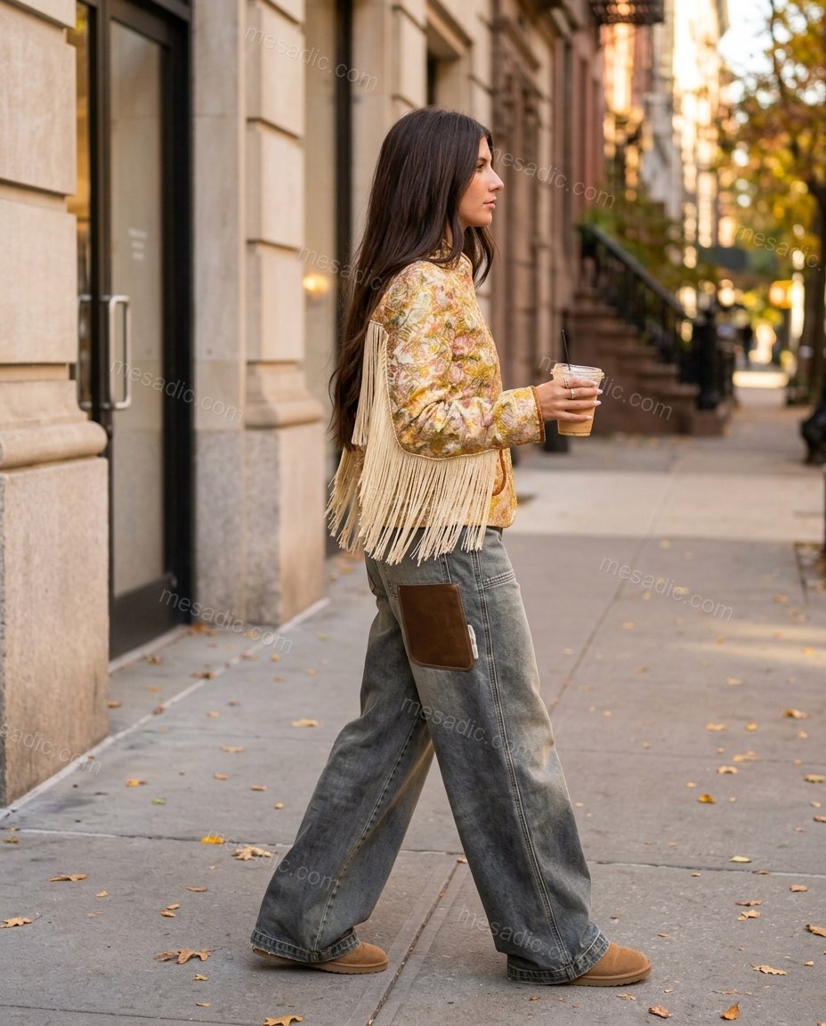 Gold Floral Fringe Jacket, three-quarter brand lifestyle view, by mesadic.com