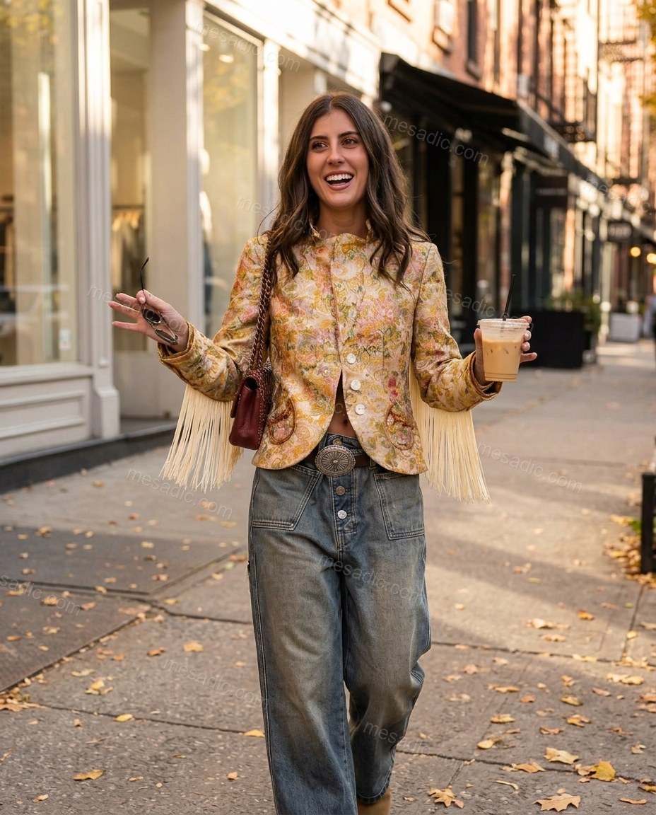 Gold Floral Fringe Jacket, alternate use-case lifestyle view, by mesadic.com