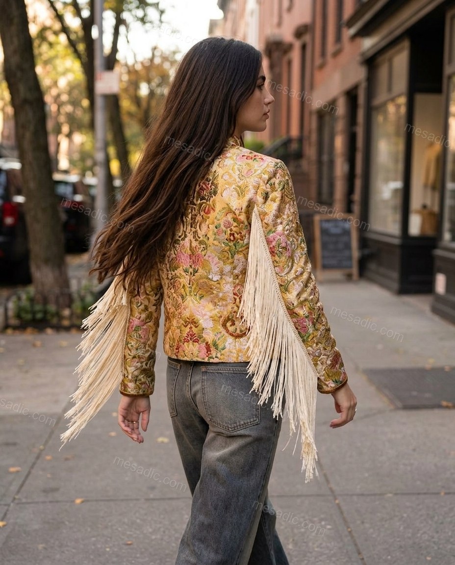 Gold Floral Fringe Jacket, movement and fit lifestyle view, by mesadic.com