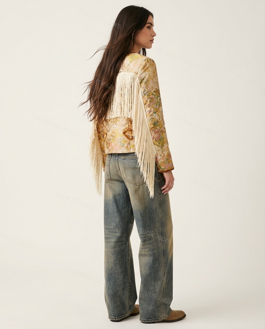 Gold Floral Fringe Jacket, back studio view, by mesadic.com
