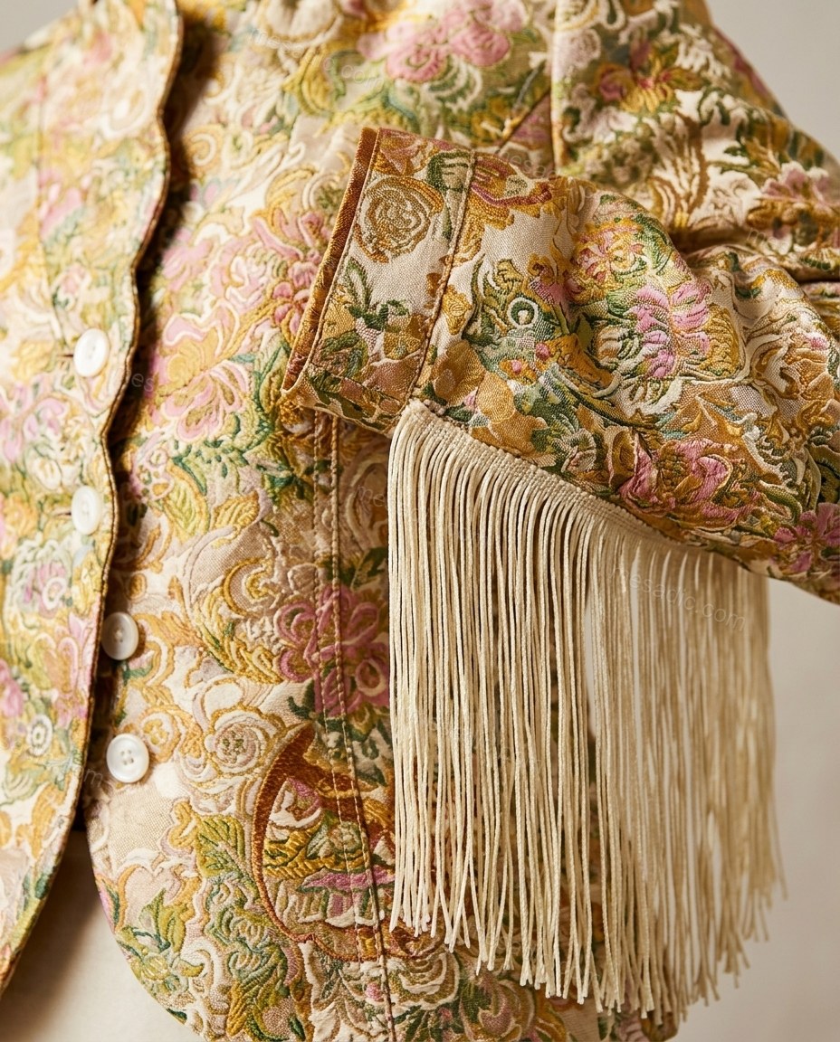Gold Floral Fringe Jacket, close-up of floral, by mesadic.com