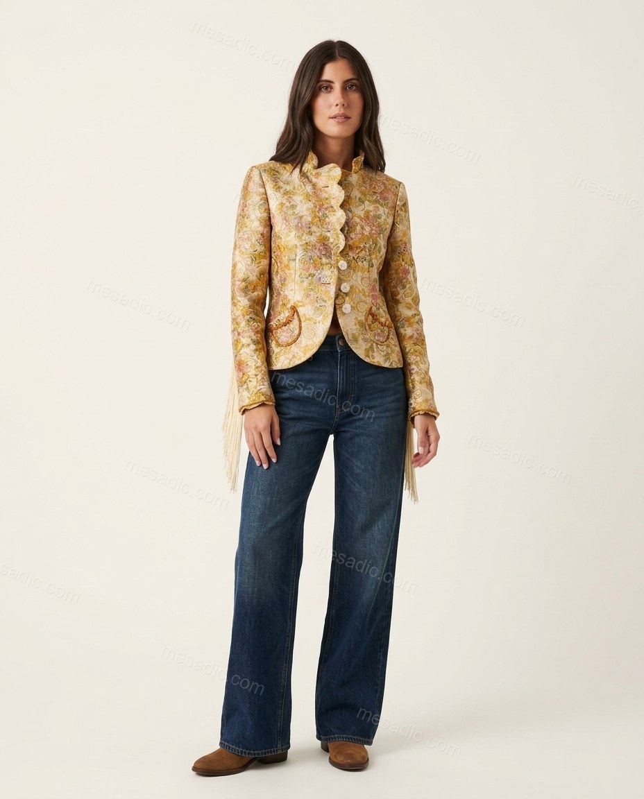 Gold Floral Fringe Jacket, front studio view, by mesadic.com