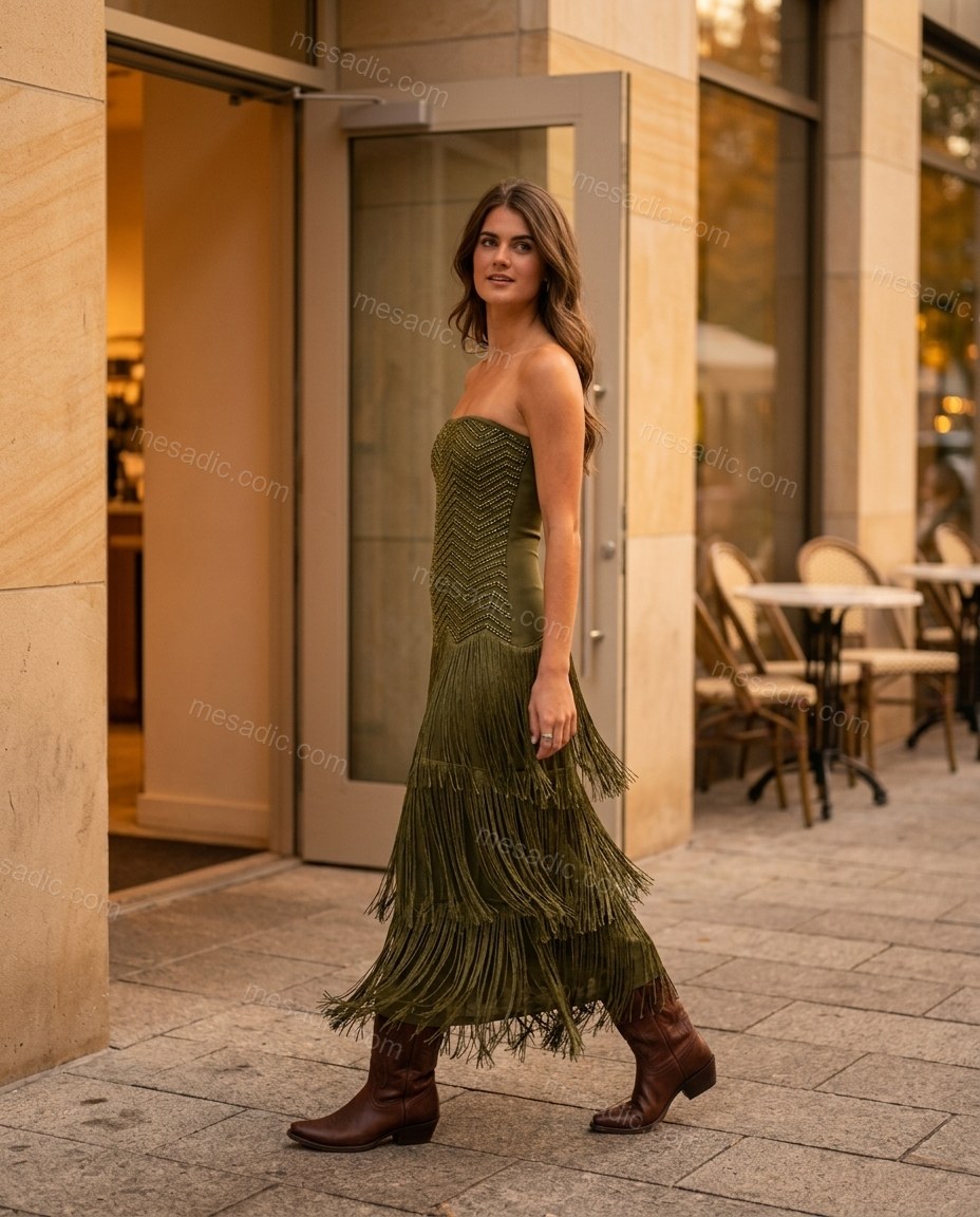 Olive Green Chevron Maxi Strapless Dress, walking lifestyle view, by mesadic.com