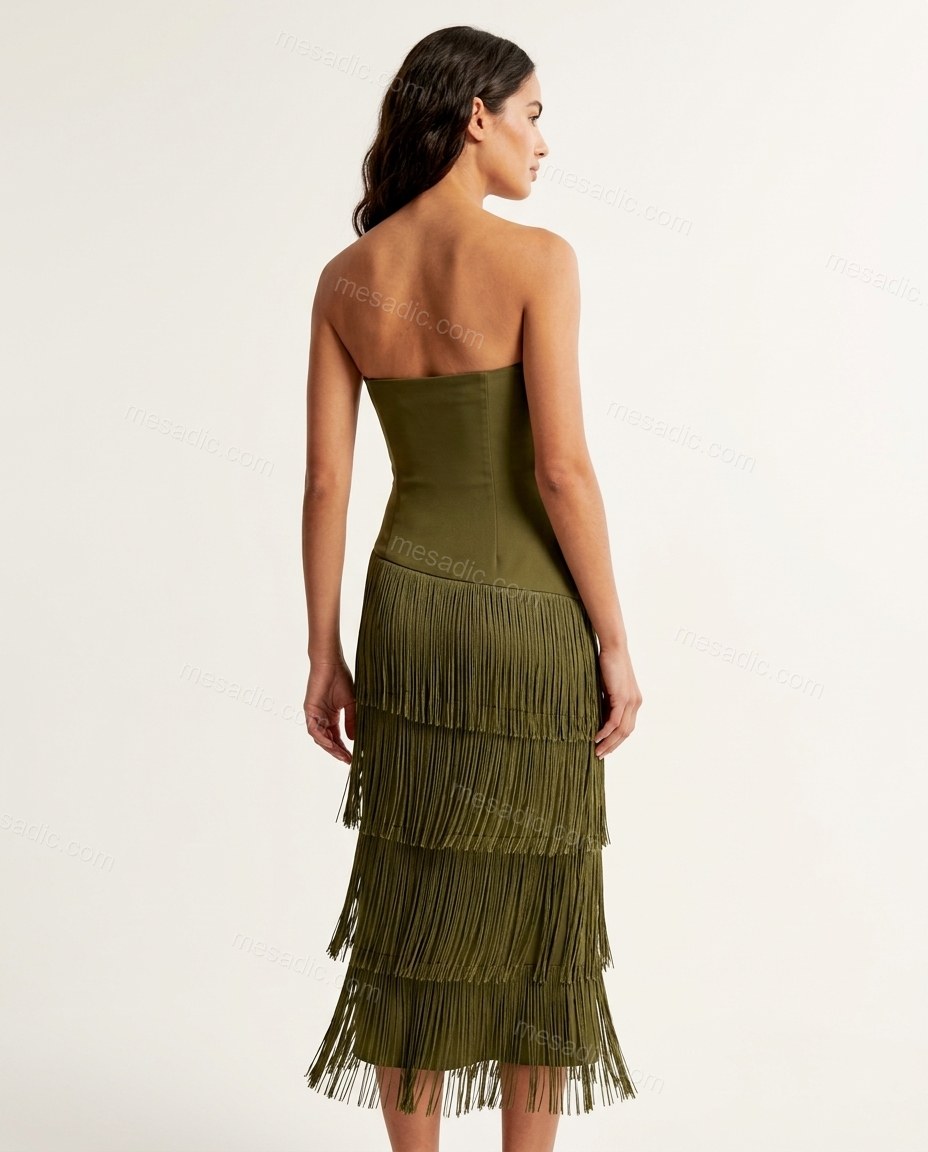 Olive Green Chevron Maxi Strapless Dress, back studio view, by mesadic.com