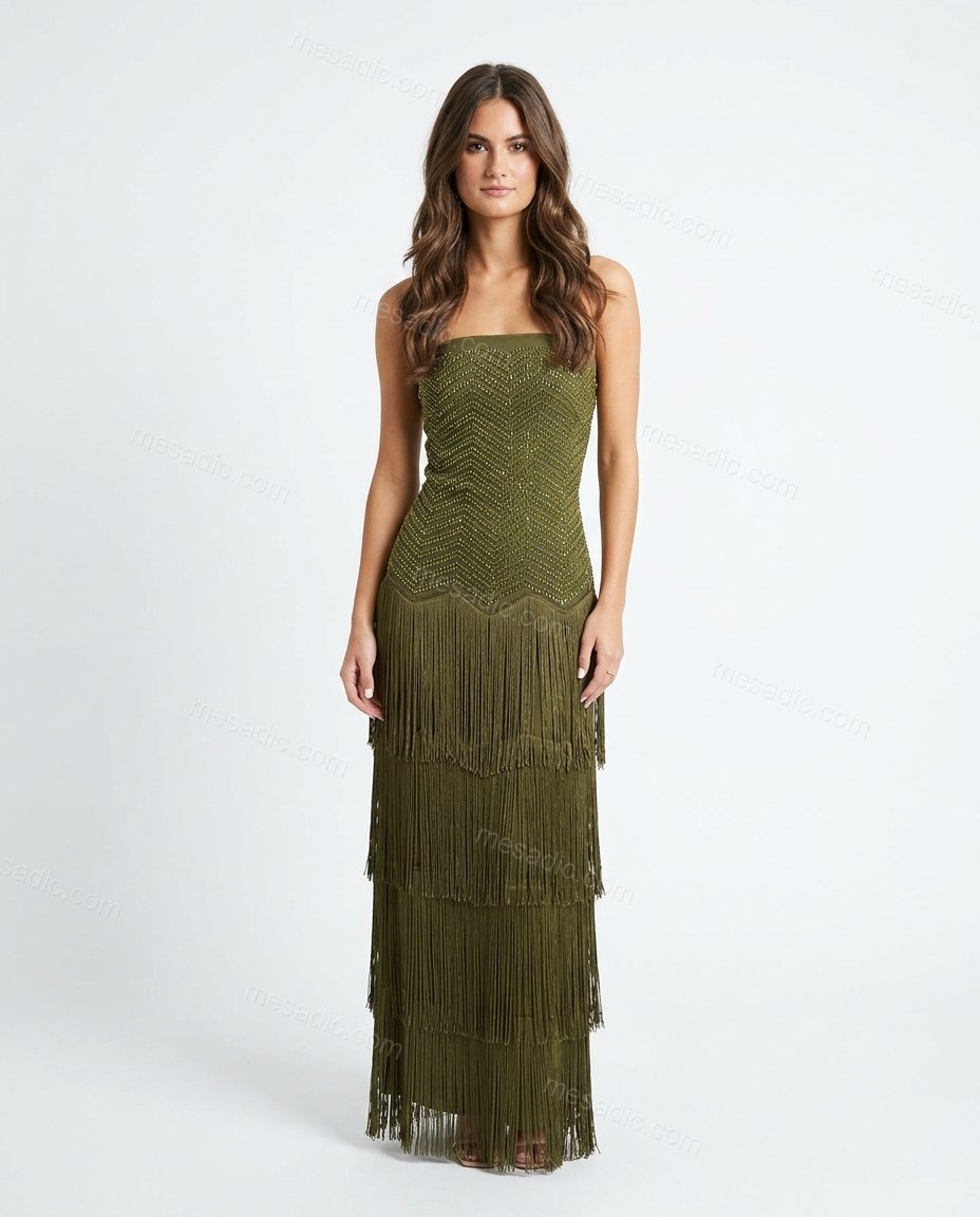 Olive Green Chevron Maxi Strapless Dress, front studio view, by mesadic.com