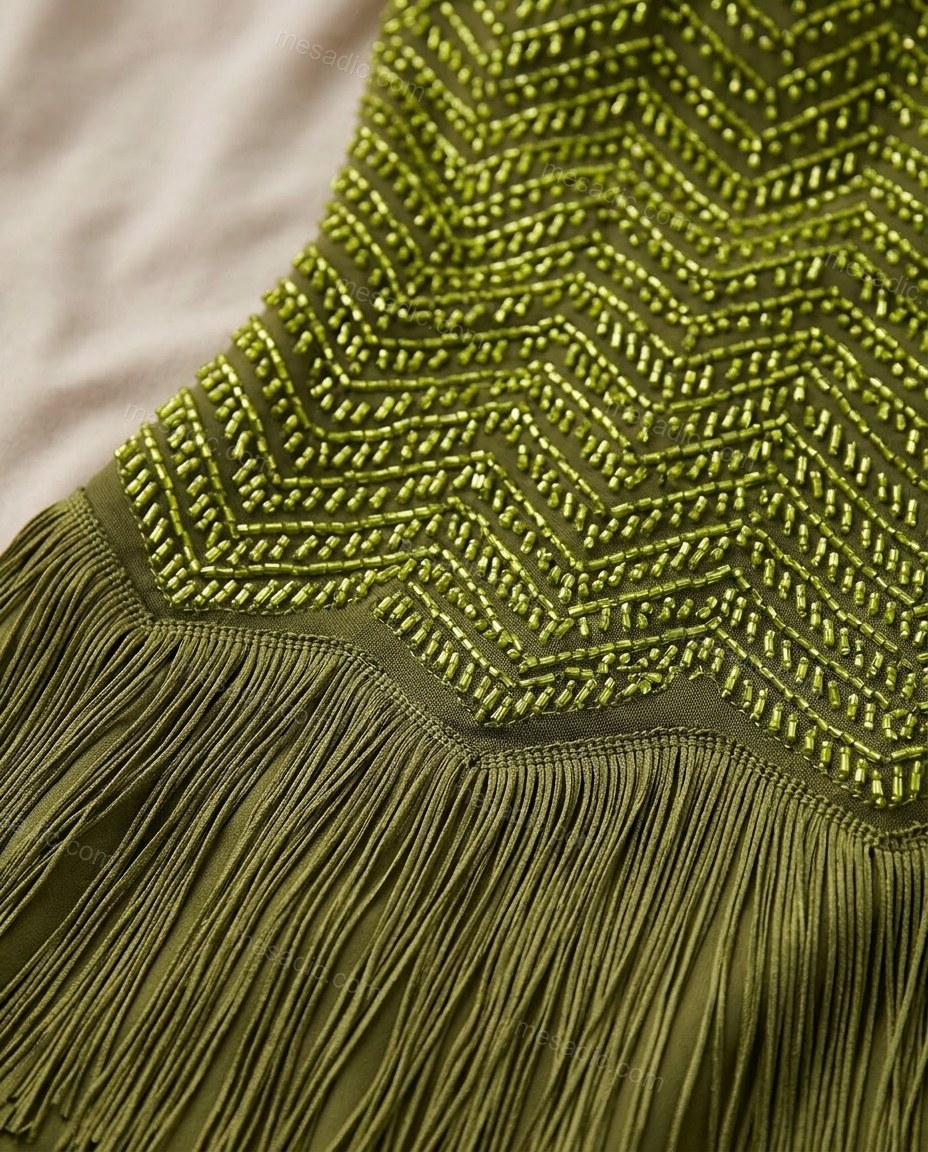 Olive Green Chevron Maxi Strapless Dress, close-up of chevron, by mesadic.com