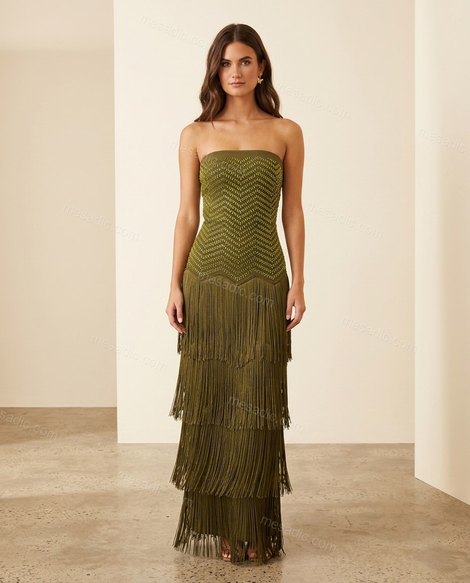 Olive Green Chevron Maxi Strapless Dress, full-length hero view, by mesadic.com