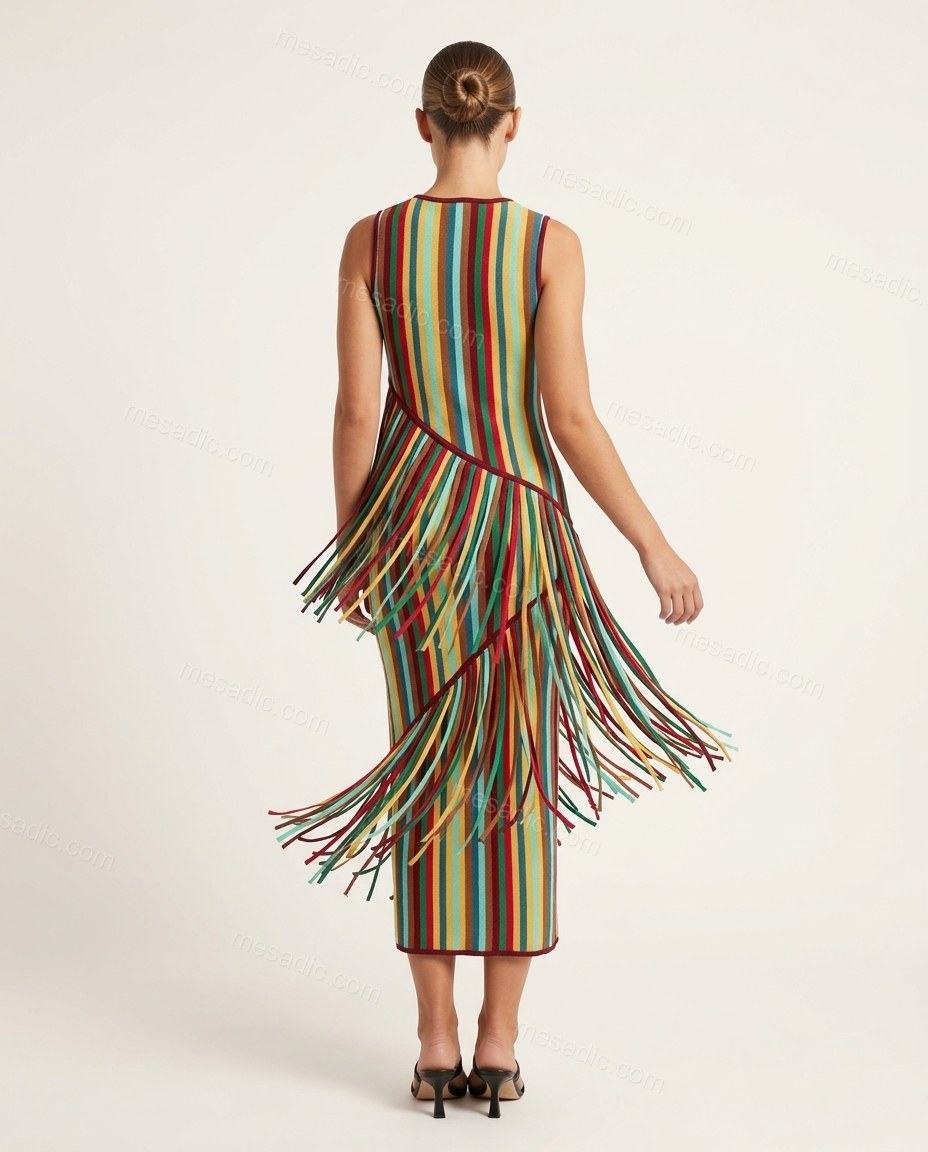 Multi-Color Striped Midi Fringe Dress, back studio view, by mesadic.com