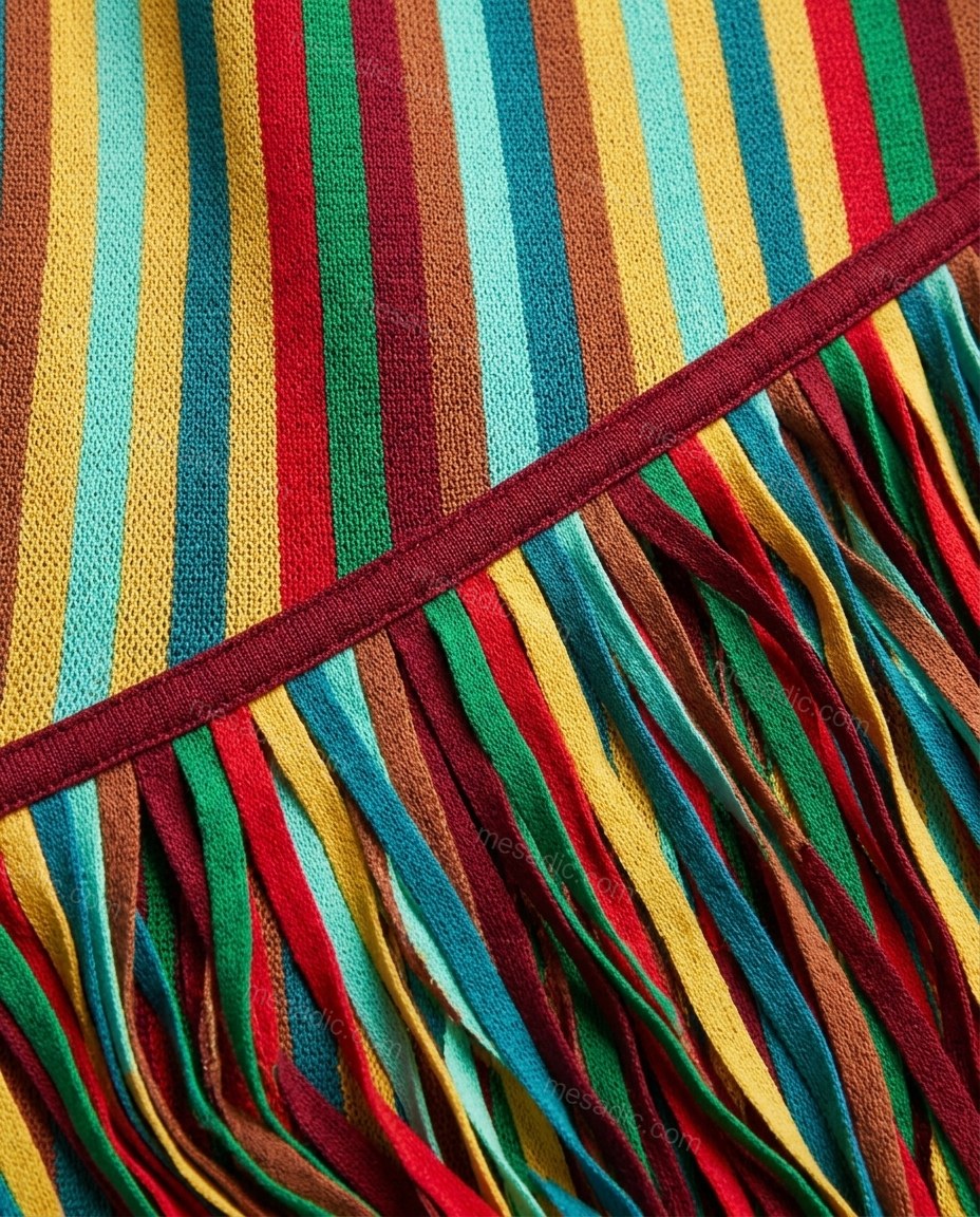 Multi-Color Striped Midi Fringe Dress, close-up of striped, by mesadic.com
