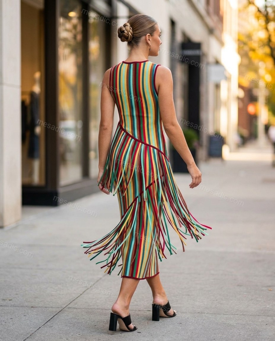 Multi-Color Striped Midi Fringe Dress, movement and fit lifestyle view, by mesadic.com