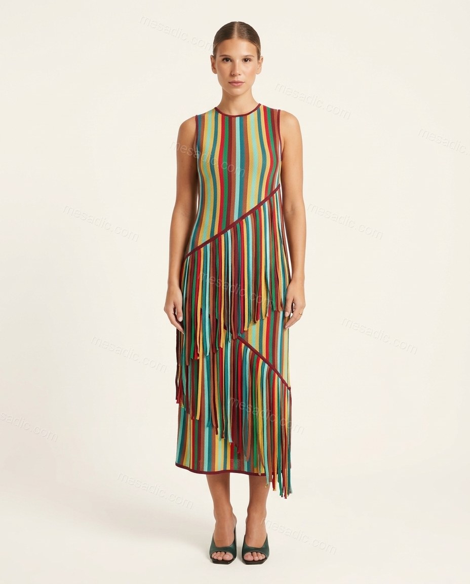 Multi-Color Striped Midi Fringe Dress, front studio view, by mesadic.com