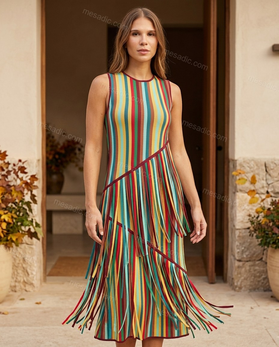 Multi-Color Striped Midi Fringe Dress, full-length hero view, by mesadic.com