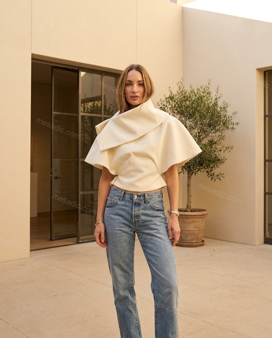 Cream Top & Shorts Set, three-quarter brand lifestyle view, by mesadic.com