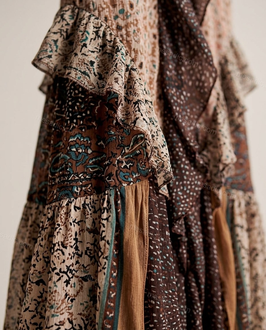 Brown Floral Maxi Ruffled Dress, close-up of floral, by mesadic.com