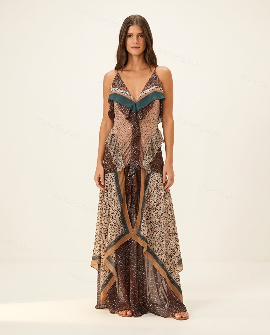 Brown Floral Maxi Ruffled Dress, front studio view, by mesadic.com