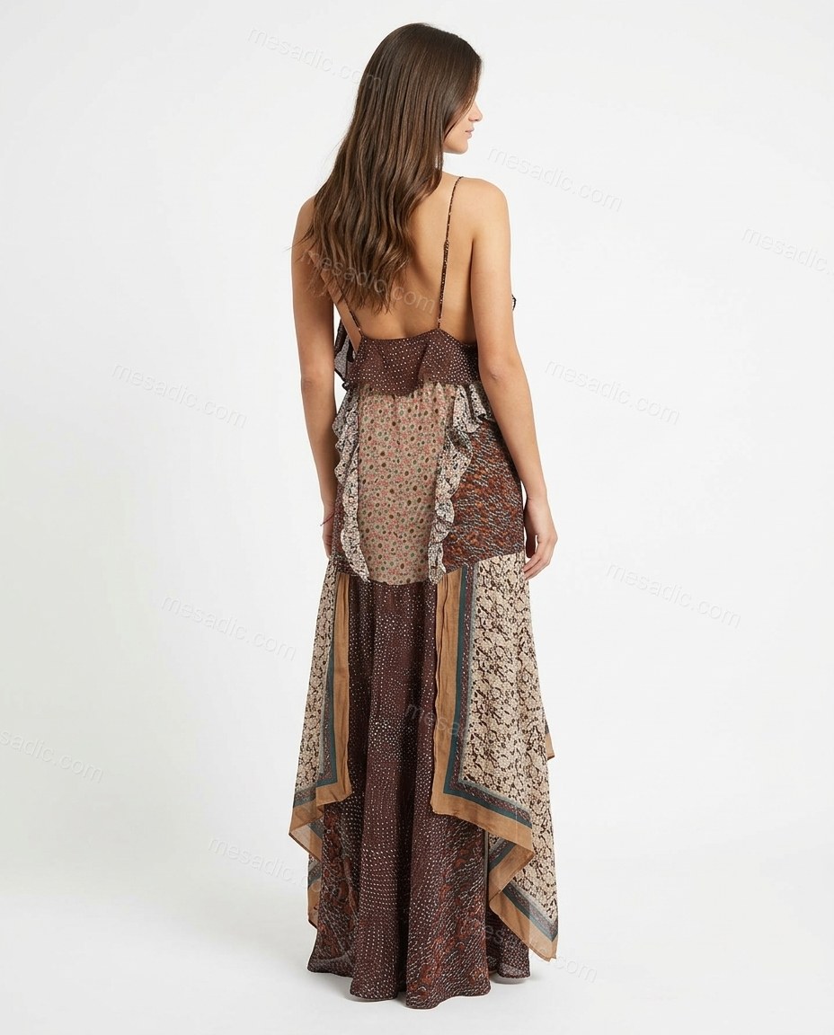 Brown Floral Maxi Ruffled Dress, back studio view showing open back with ruffled detail, by mesadic.com